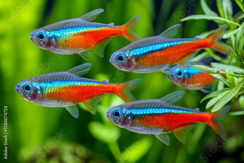 Neon tetra fish swimming in aquarium with green background