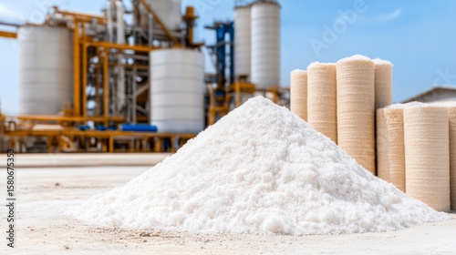 A pile of white salt is prominently displayed in the foreground, with industrial storage tanks and rolled salt containers in the background, This image is suitable for food industry, manufacturing