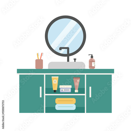 Bathroom equipment. Bathroom table. Bathroom dresser. Washbasin illustration. Toilet miror. Toothpaste and toothbrush. Bottle soap.