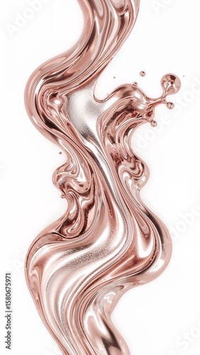 Gradient silver rose gold liquid metal swirl fluid 3D abstract trendy splash shape on plain white background