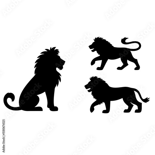 Three lion silhouettes are depicted: one sitting, one walking, and one in a prancing pose, all in black against a white background.