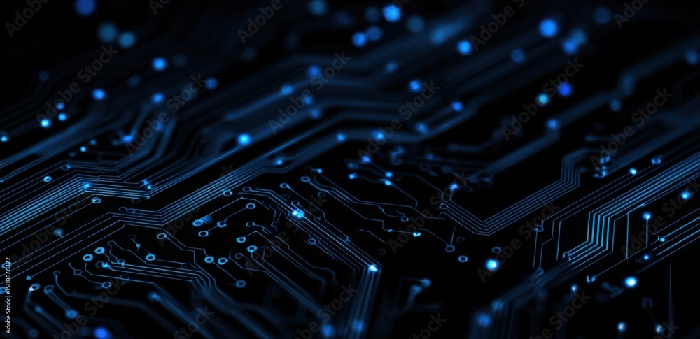 Fototapeta premium Highly detailed close-up of a digital circuit board with glowing blue electronic pathways and microchip components on a futuristic technology background