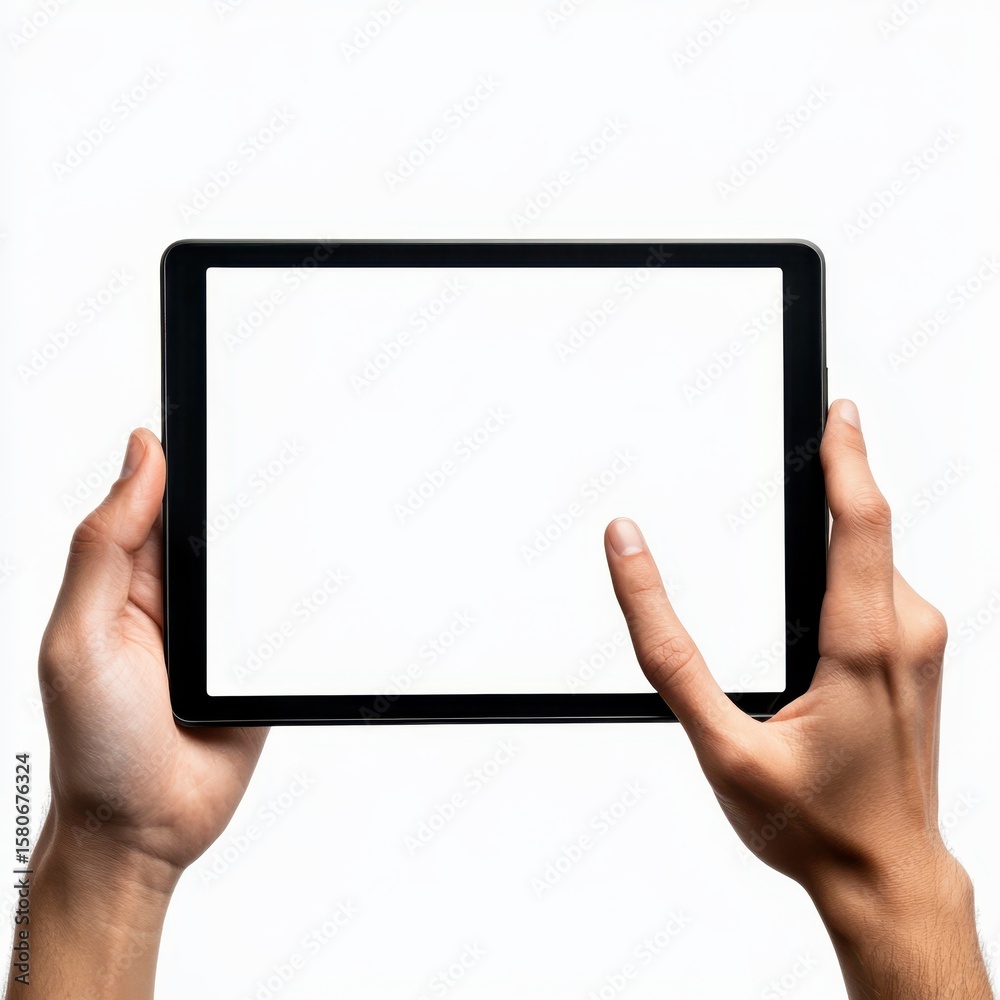 Person holding a black tablet computer with a blank white screen and touching it with a finger isolated on white background Person holding a black tablet computer with a blank white screen and touching it with a finger isolated on white background
