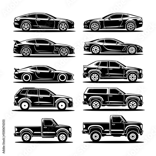Collection of ten different car illustrations in black and white, showcasing various body styles including sports cars, SUVs, and pickup trucks.