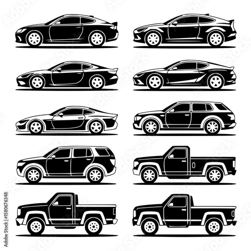 Collection of ten different car silhouettes in black and white, including sports cars, SUVs, and pickup trucks, shown in profile view.