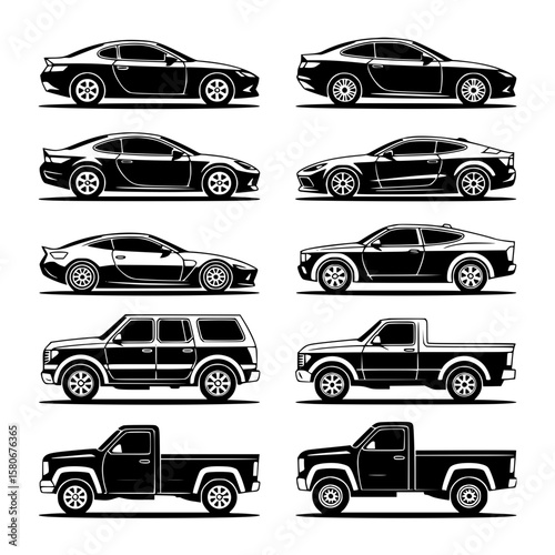 Collection of ten different car illustrations, including sports cars, SUVs, and pickup trucks, displayed in a side view with black and white coloring.