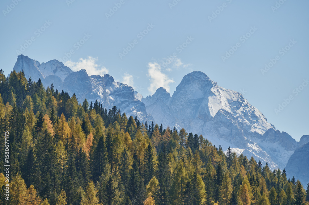 Obraz premium mountain peaks and in front a forest