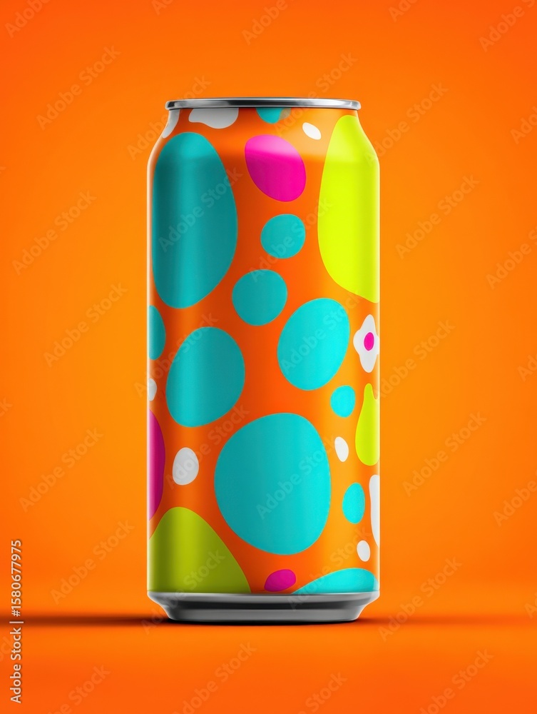 Obraz premium Colorful Patterned Beverage Can with Bright Polka Dot Designs and Vibrant Orange Background for Refreshing Drink Promotion