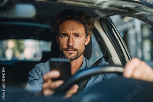 a man looking at his phone while driving