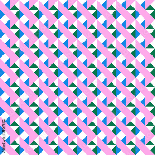 Seamless geometric pattern with diamond shapes in pink, blue, and green. Perfect for fabric, wallpaper, digital paper, gift wrap, and textile design. Cute, modern, and colorful background.