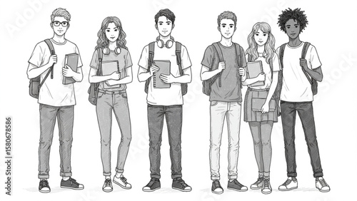Monochrome illustration showing a diverse group of happy young students, each with a backpack and books, standing united, symbolizing youth and the pu