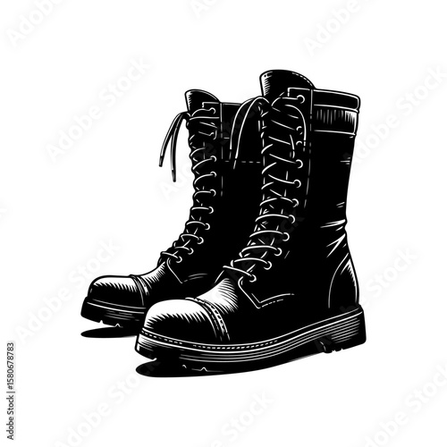 black boots, lace-up, side view, monochrome clip art preview