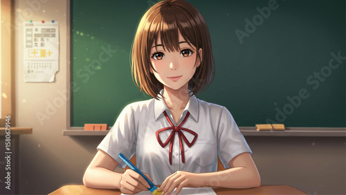 Focused Asian schoolgirl student in anime style studying at her desk in a classroom, writing on paper with a pen in warm sunlight.
