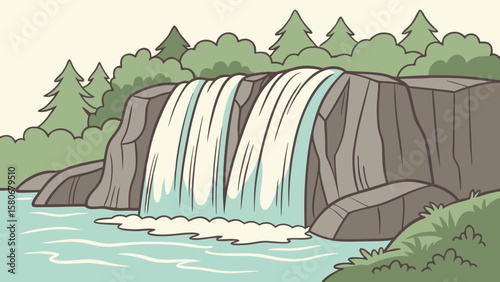 Serene cartoon waterfall cascading over rocks into a calm river