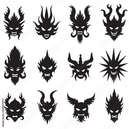 diverse black silhouette dragon heads with fierce expressions and stylized features