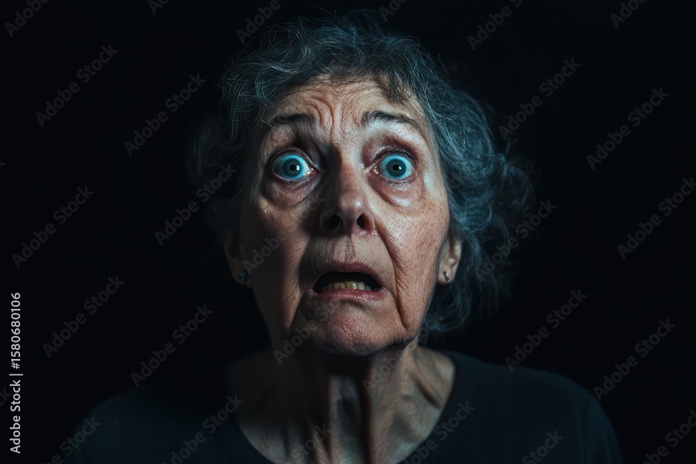 Fototapeta premium Scared Senior Woman on Black Background with Tense Face