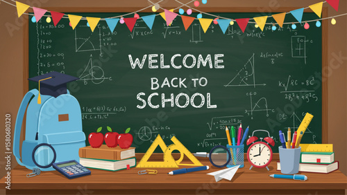 Welcome Back to School illustration featuring classroom desk with backpack, books, apples, supplies, and blackboard with math equations and banner.