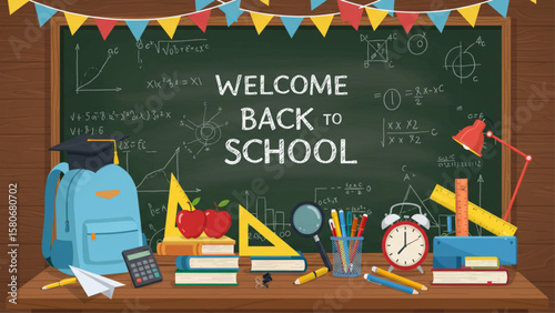 Flat design vector illustration of a vibrant school desk with welcome back to school text, books, essential supplies, and math on a blackboard