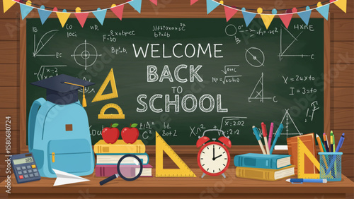 Welcome back to school illustration featuring a desk with backpack, books, apples, and various study tools in front of a blackboard with math.