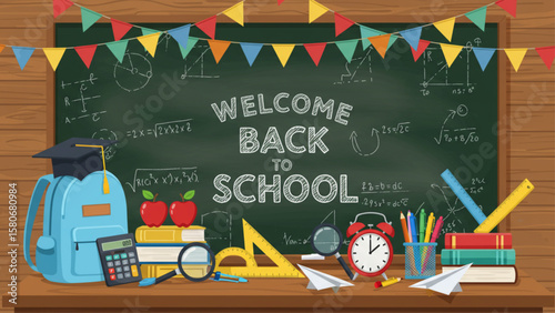 Vibrant welcome back to school illustration featuring a school desk filled with essential learning items like books, backpack, rulers, and stationery 
