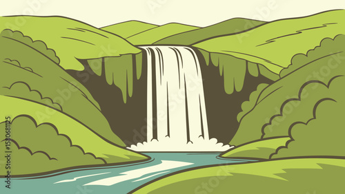 Stylized waterfall cascading into a serene river amidst green hills