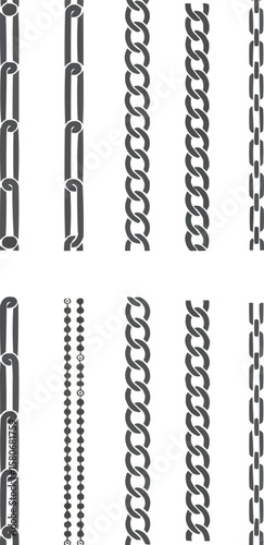Collection of various chain link patterns and styles in a vertical arrangement