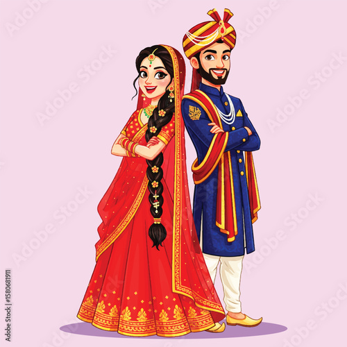 Confident Indian Wedding Couple Illustration – Bride in Red Saree and Groom in Royal Blue Sherwani Standing Back to Back
