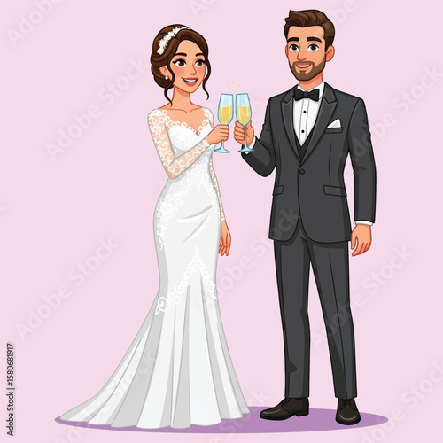 Elegant Western Wedding Couple Toasting with Champagne – Bride in White Gown and Groom in Black Tuxedo Illustration