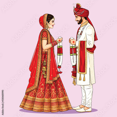 Traditional Indian Wedding Couple Illustration Performing Jaimala Ceremony – Bride and Groom in Red and White Attire