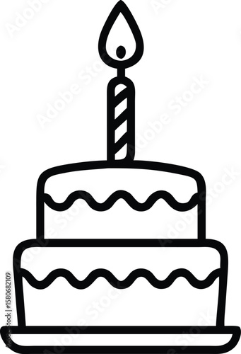 Two Tier Birthday Cake with Lit Candle Icon Vector Line Art