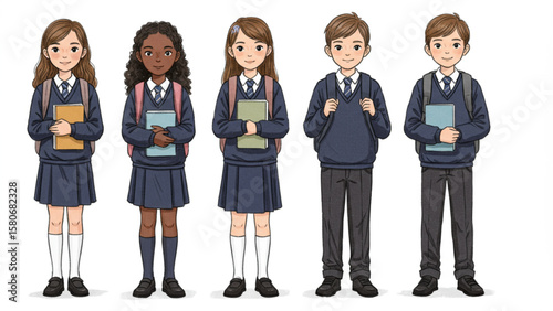 Cheerful Multi-ethnic Kids Students in School Uniforms Posing with Textbooks and Backpacks on White Background, Education Illustration for Diverse Lea