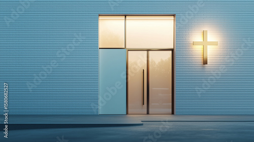 part of the white brick wall, glass door with brass handle, and a subtle cross sign, muted color palette, soft cloudy lighting, quiet and peaceful scene