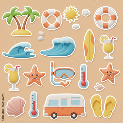 Adorable 3D icons for summer beach holidays. Set features tropical elements: palm trees, waves, lifebuoy, surfboard, cocktails, snorkel, van, flip-flo