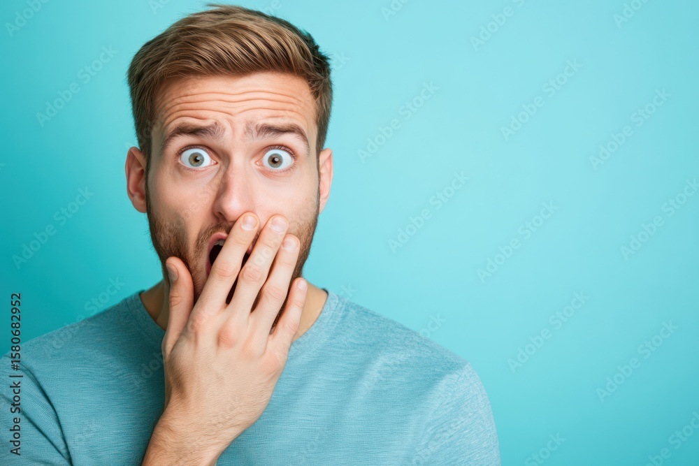 Worried Man Covering Mouth with Hand in Shock Worried Man Covering Mouth with Hand in Shock