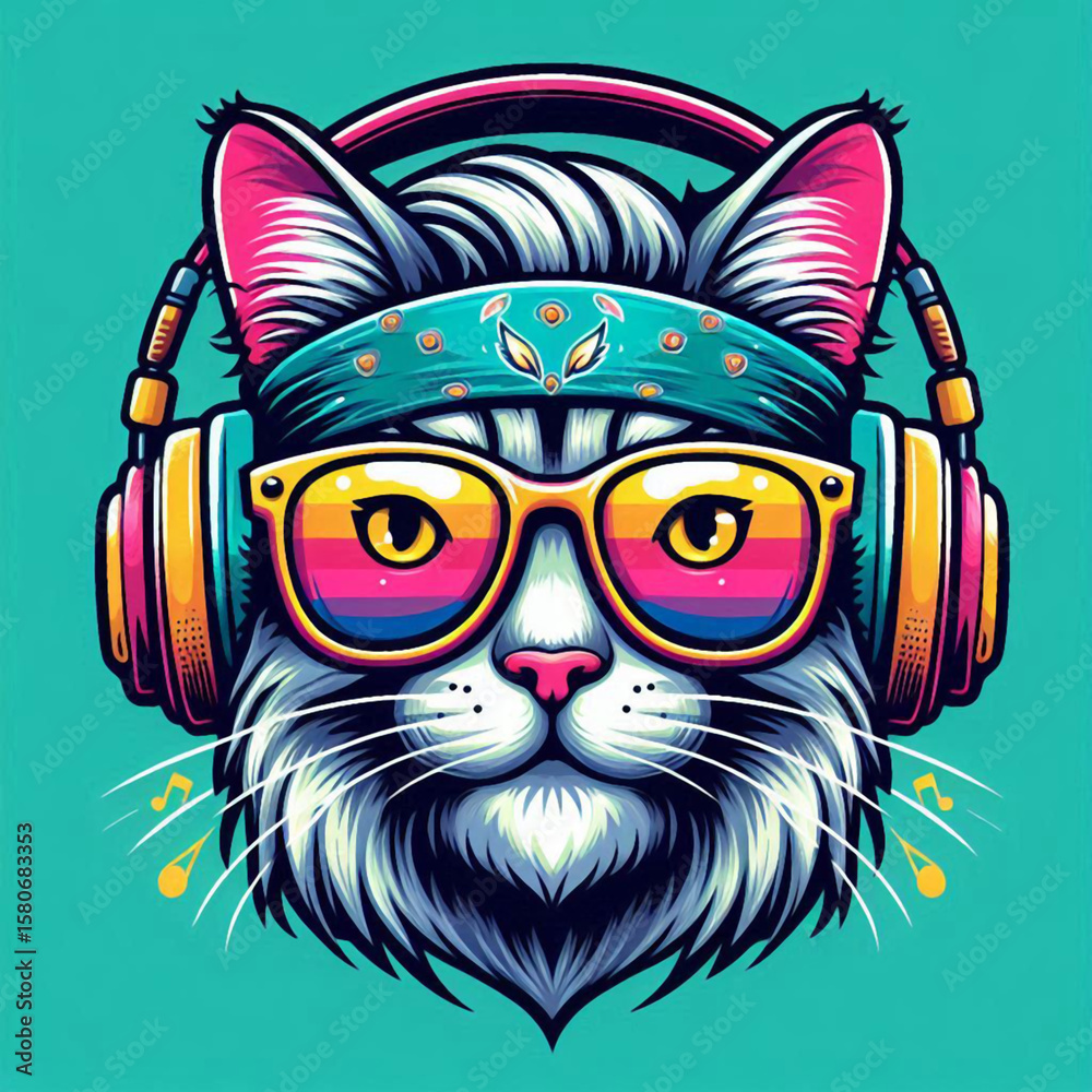 Fototapeta premium the head of a cat, cat, cat with headphone, cat vector, cat with a bow tie, cat with a bow, cat on a black background, black cat with red eyes, black cat with red hair, cat head with wings