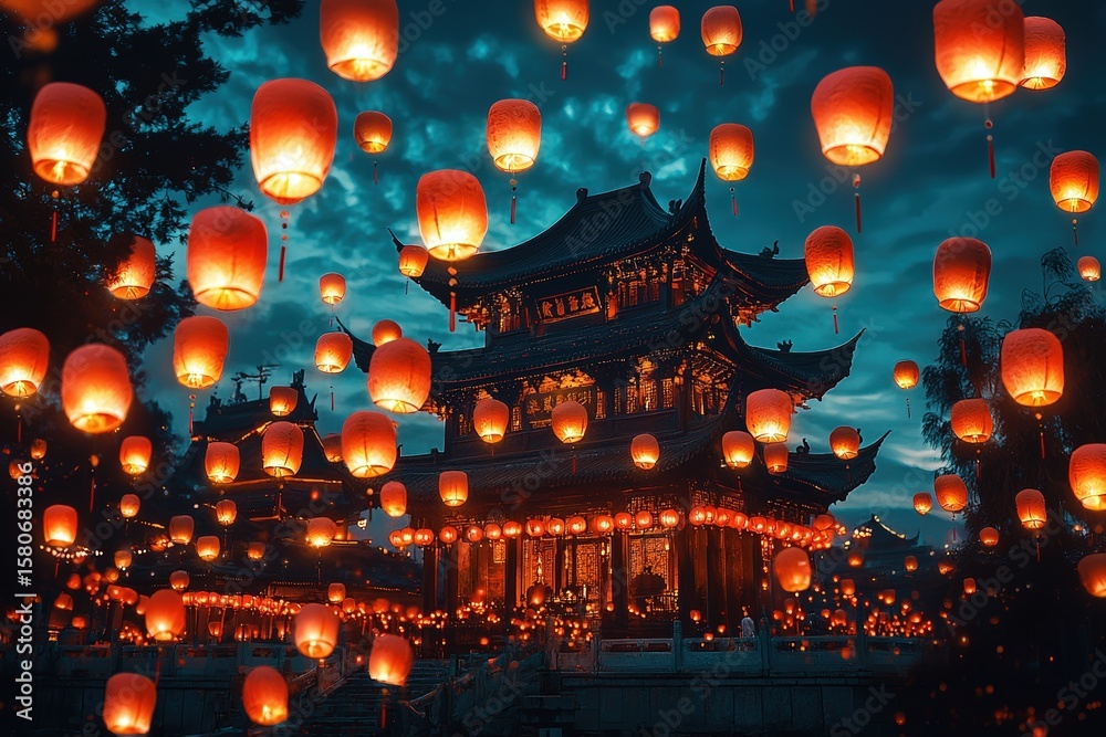 Fototapeta premium The Lantern Festival, with thousands of glowing red lanterns floating in the night sky above a Chinese temple.