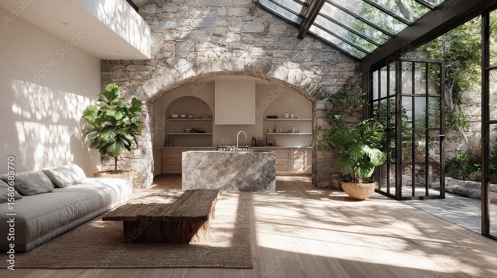 Fototapeta premium A bright, modern living space with stone walls, large glass doors, indoor plants, a comfy sofa, and a wooden coffee table on a textured rug.