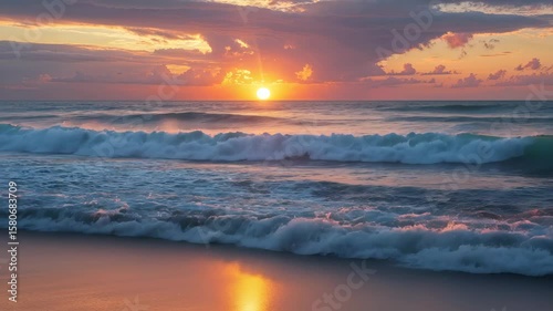 Timelapse of Vibrant Waves Crashing on Shore at Sunrise