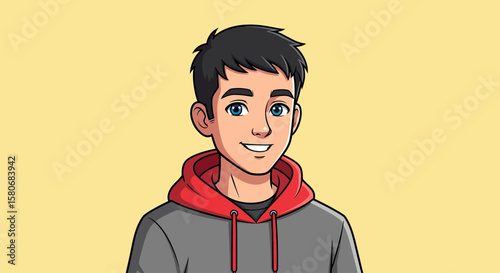 Smiling Young Boy Wearing Red Hoodie with Black Hair on Yellow Background
