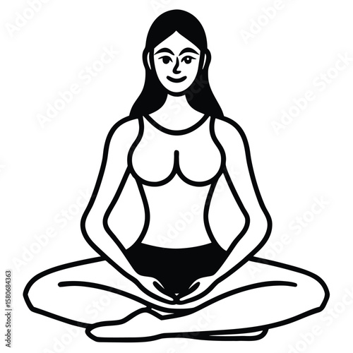 Vector silhouette of a woman meditating in a lotus yoga pose, embodying relaxation and health