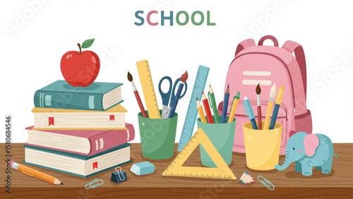 Illustration of back to school items on desk: Stacked books, apple, stationery, rulers, scissors, backpack, toy elephant. Represents learning and educ