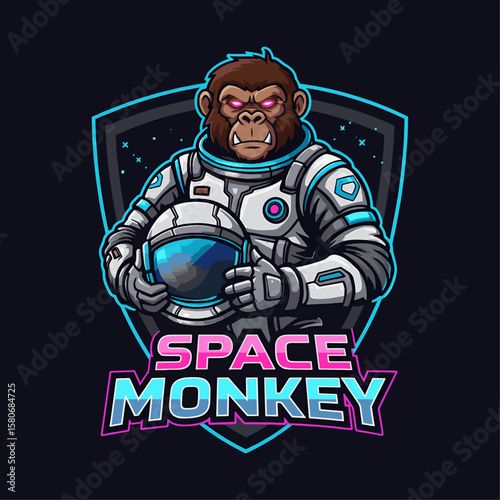 Space Monkey Mascot Floating with Jetpack and Futuristic Helmet

