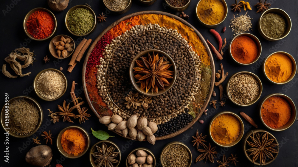 Fototapeta premium A topdown view showcases a circular arrangement of spices and seasonings, creating a vibrant and aromatic culinary display on a dark surface