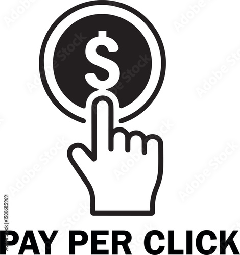 Pay per click advertising icon with dollar coin and cursor hand