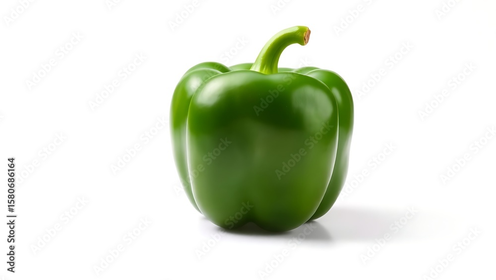 A single green bell pepper isolated on a white background in a studio shot with soft lighting A single green bell pepper isolated on a white background in a studio shot with soft lighting
