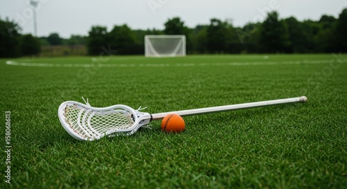 A lacrosse stick with a ball rests on a green sports field with a goal net visible in the background