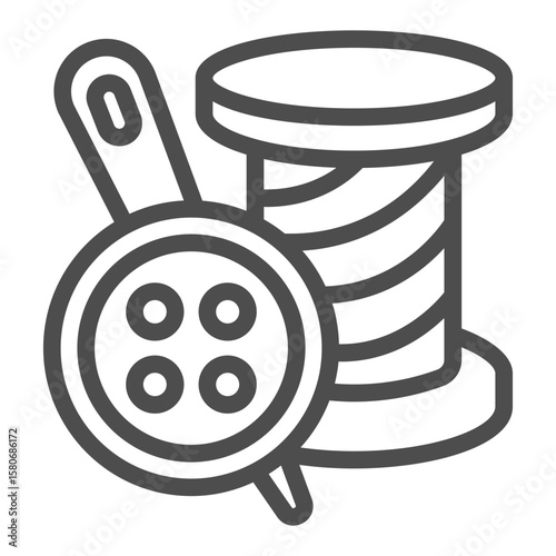 Spool of thread with button and needle line icon, sewing tools concept. Vector graphics. Needle with cap and reel sign on white background, outline style icon for mobile or web design.