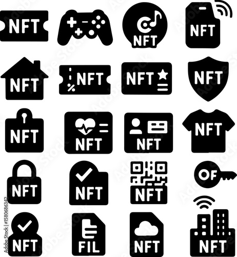Collection of black and white icons representing various non fungible token concepts including gaming music real estate tickets security and digital assets
