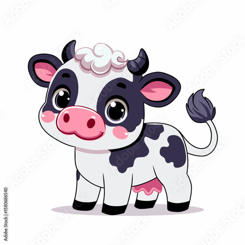 Vector illustration of a cute dairy cow in cartoon style, with a cheerful expression.
