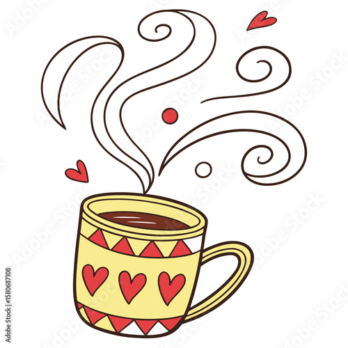 A decorative mug filled with hot coffee, emitting steam vector art